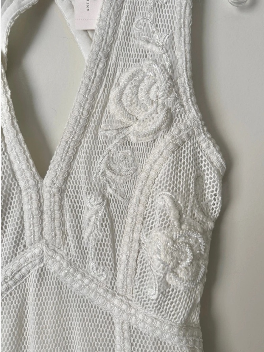 NWOT | Anthropologie Not So Serious Beaded White Deep V-Neck Mini Dress XXS - Picture 4 of 10